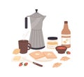 Composition of classical fresh tasty breakfast vector flat illustration. Coffee, croissant, toasts with butter, honey Royalty Free Stock Photo