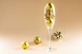 Composition of close up of new years champagne and decorations on beige background