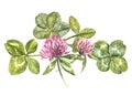 A composition of clover red flowers and leaves - a quatrefoil and a shamrock. Watercolor botanical illustrations. Happy Royalty Free Stock Photo