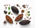 Composition with cocoa pods, powder and beans on white background, top Royalty Free Stock Photo