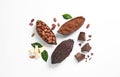 Composition with cocoa products on white background Royalty Free Stock Photo