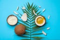 Composition with coconut oil on color background. Healthy cooking Royalty Free Stock Photo