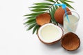 Composition with coconuts and drink on white Royalty Free Stock Photo