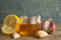 Composition with cold remedies on table against blue background. Sore throat treatment Royalty Free Stock Photo