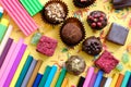 Composition of colored pencils and beautiful sweets Royalty Free Stock Photo