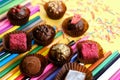 Composition of colored pencils and beautiful sweets Royalty Free Stock Photo