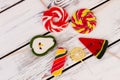 Composition with colorful lollipops, top view. Royalty Free Stock Photo