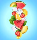 Composition of colorful Realistic falling pieces of fruits, berries, mint leaves and ice cubes - product label cover Royalty Free Stock Photo