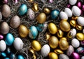 Composition of coloured and golden eggs, with artistic decorations, with depth of field, photographic lighting and close-ups.