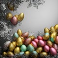 Composition of coloured and golden eggs, with artistic decorations, with depth of field, photographic lighting and close-ups.