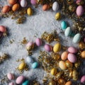 Composition of coloured and golden eggs, with artistic decorations, with depth of field, photographic lighting and close-ups.