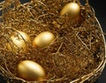 Composition of coloured and golden eggs, with artistic decorations, with depth of field, photographic lighting and close-ups.