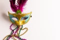 Composition of colourful mardi gras beads and carnival mask on white background with copy space Royalty Free Stock Photo