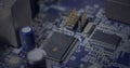 Composition of computer microchips, resistors and motherboard Royalty Free Stock Photo
