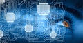 Composition of computer processor and circuit board over woman\'s eye