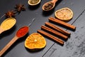 Composition of condiment. Set of spices on dark grey background. Royalty Free Stock Photo