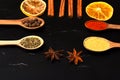 Composition of condiment, close up. Wooden spoons with spices Royalty Free Stock Photo