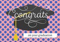 Composition of congrats on your graduation message with mortarboard on blue dot and pink background