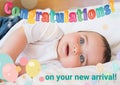 Composition of congratulations on your new arrival text and photo of caucasian baby