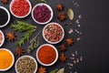 Composition consisting of a variation of several types of spices in white bowls