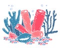 Composition with corals and seashells. Hand drawn vector cartoon color illustration