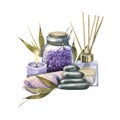 Composition with cosmetics, aroma diffuser, towel, stones, bamboo twigs, candle. Watercolor illustration. From a large