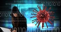 Composition of covid 19 cell virus over binary coding and female hacker with laptop
