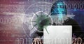 Composition of covid 19 virus cell and binary coding data processing over hacker using laptop Royalty Free Stock Photo