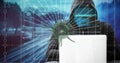 Composition of covid 19 virus cell and binary coding data processing over hacker using laptop Royalty Free Stock Photo