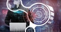 Composition of covid 19 virus cell and binary coding data processing over hacker using laptop Royalty Free Stock Photo