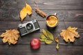 Composition with cup of delicious mulled wine, photo camera and autumn leaves on wooden background Royalty Free Stock Photo