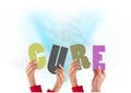 Composition of cure multi coloured letters held by people with blue smoke Royalty Free Stock Photo