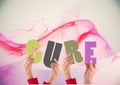 Composition of cure multi coloured letters held by people with pink smoke