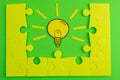 Composition with cut out paper, a picture of a light bulb located between laid out puzzles on a green background. Creative concept Royalty Free Stock Photo