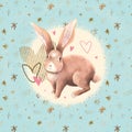 Composition with cute rabbit illustration, hearts and stars