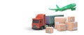 Composition of 3D plane, truck, pile of boxes. Vector illustration for advertising transportation Royalty Free Stock Photo