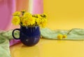 Composition with dandelions: a bouquet of dandelions in a blue mug on a yellow background, light multi-colored scarves, yellow