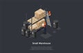 Composition On Dark Background With Infographics. Isometric Vector Illustration, Cartoon 3D Style Objects. Small