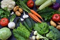 Composition on a dark background of organic vegetarian products: green leafy vegetables, carrots, zucchini, potatoes, onions, garl Royalty Free Stock Photo
