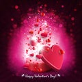 Composition of dark pink color with a casket, a set of hearts and rays of light,