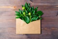 open envelope of craft paper with buds and leaves of peonies in it. minimal concept, falt Royalty Free Stock Photo