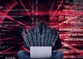 Composition of data processing and binary coding over hacker in hood using laptop Royalty Free Stock Photo