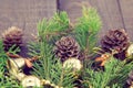 Composition with decorated Christmas tree on dark rustic wooden Royalty Free Stock Photo