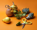 Composition of decorative pumpkins and pears