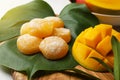 Composition with delicious mochi and mango on table. Traditional Japanese dessert