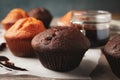 Composition with delicious muffins berries, chocolate and baking paper Royalty Free Stock Photo