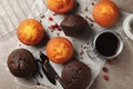 Composition with delicious muffins, berries chocolate and baking paper Royalty Free Stock Photo