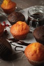 Composition with delicious muffins berries, chocolate and baking paper Royalty Free Stock Photo