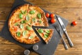 Composition with delicious pizza Margherita on wooden background Royalty Free Stock Photo