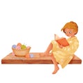 A composition depicting a girl sitting and reading a knitting book. A basket filled with multicolored yarn skeins rests on a Royalty Free Stock Photo